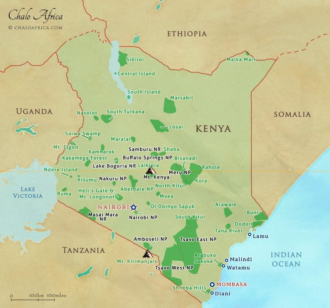 bản đồ của Kenya công viên quốc gia và dự trữ